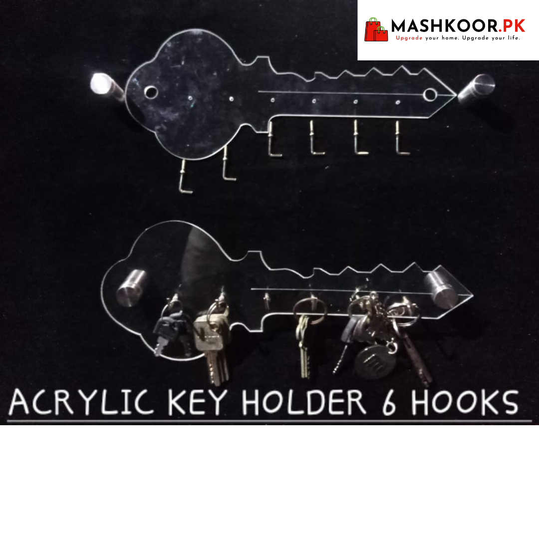 Clear Acrylic Key Shaped Holder 6 Hooks Wall Decorative Mounted Key Hanging Stand For Household