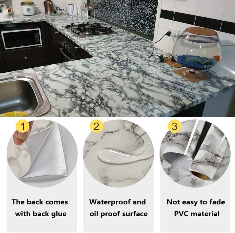 Marble Paper 60cm x 2mtr Black/White Roll Self Adhesive Wallpaper Peel and Stick Granite Cover Waterproof Removable Wall Stickers for Countertops Cabinet Furniture Bathroom ( Pack of 2 Pcs )