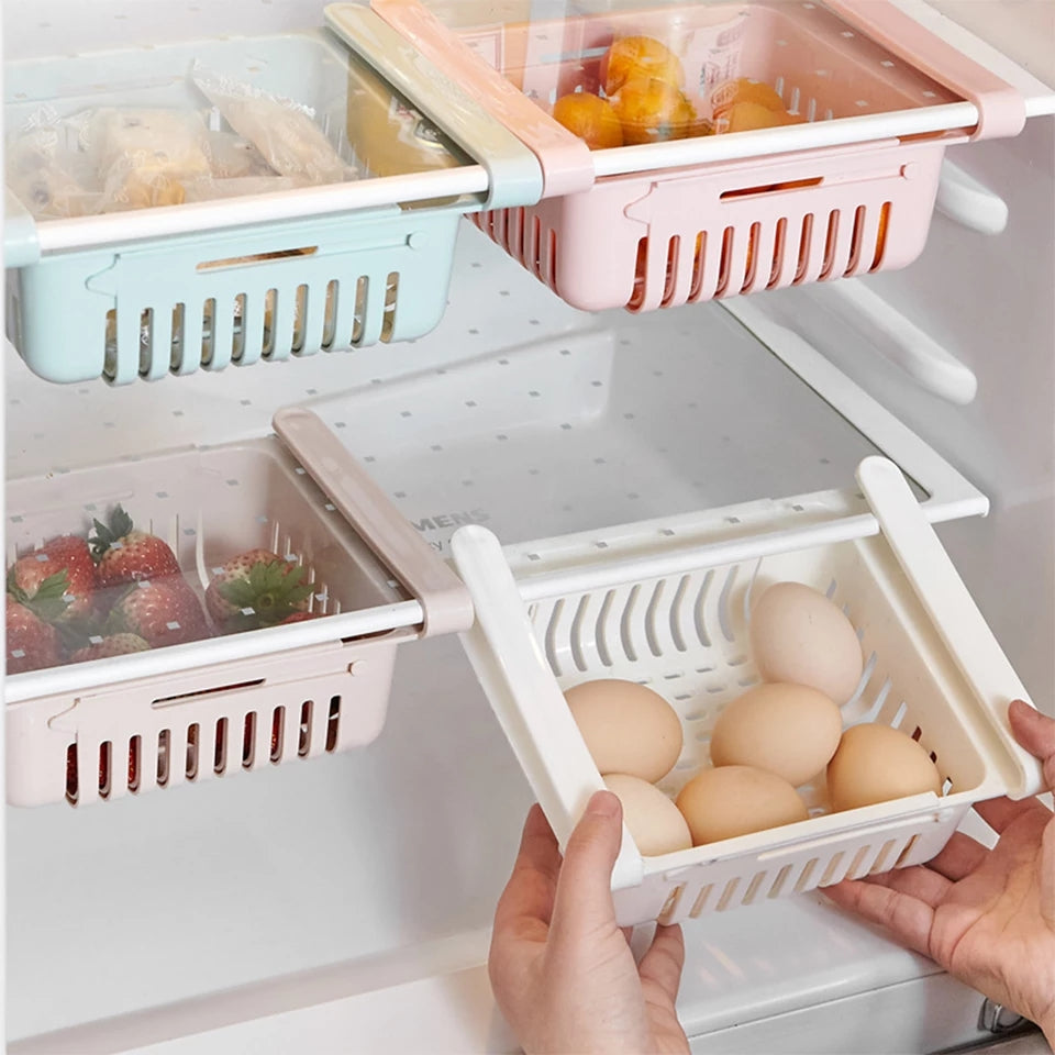 2PC Refrigerator Food Storage Organizer Adjustable Stretchable Refrigerator Drawer Basket Kitchen Refrigerator Storage Shelf