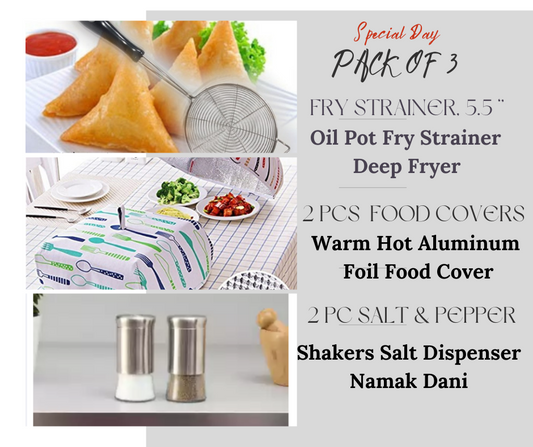 Pack of 3 Kitchen Utensils, Fry Strainer 5.5 inches,  2PC Foldable Food Covers, Glass 2 pieces of Salt And Pepper