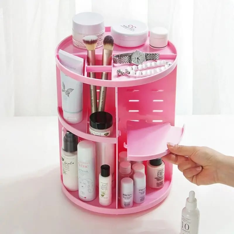 360 Degree Rotating Cosmetic Box Makeup Organizer Desktop Rack Round Plastic Container Bathroom Storage Shelf Room Organizer