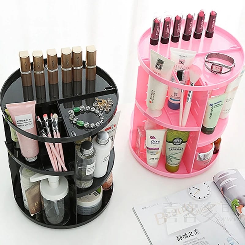 360 Degree Rotating Cosmetic Box Makeup Organizer Desktop Rack Round Plastic Container Bathroom Storage Shelf Room Organizer