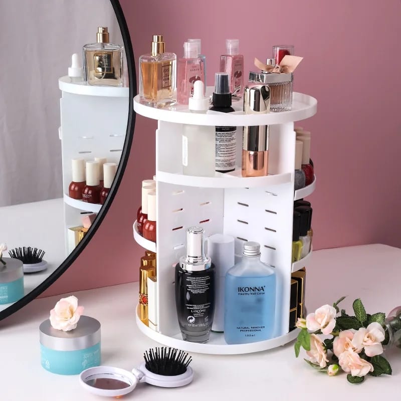 360 Degree Rotating Cosmetic Box Makeup Organizer Desktop Rack Round Plastic Container Bathroom Storage Shelf Room Organizer