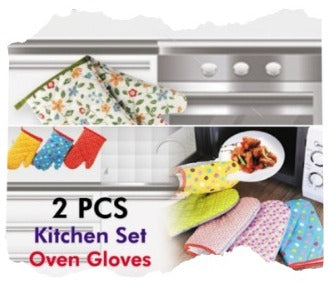 Three pieces in one pack: two premium cotton kitchen cooking gloves for microwave ovens, one silicone spatula spoon for nonstick pans, and a snack basket filled with chips and fried chicken.