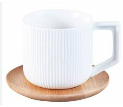 Classic Bone China Tea Cups & Wooden Coasters Set - 6 Pieces