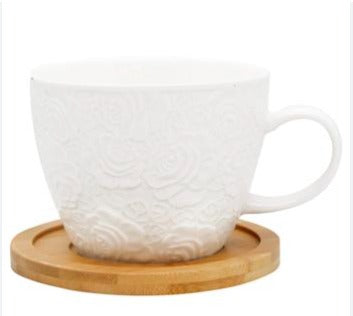 Classic Bone China Tea Cups & Wooden Coasters Set - 6 Pieces