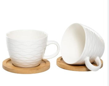 Classic Bone China Tea Cups & Wooden Coasters Set - 6 Pieces