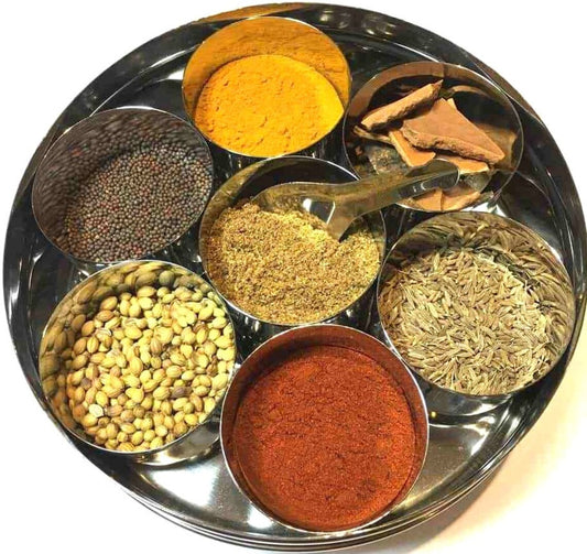 Indian Masala Dabba Spice Container 7 Containers and Small Spoon Orange Masala Box