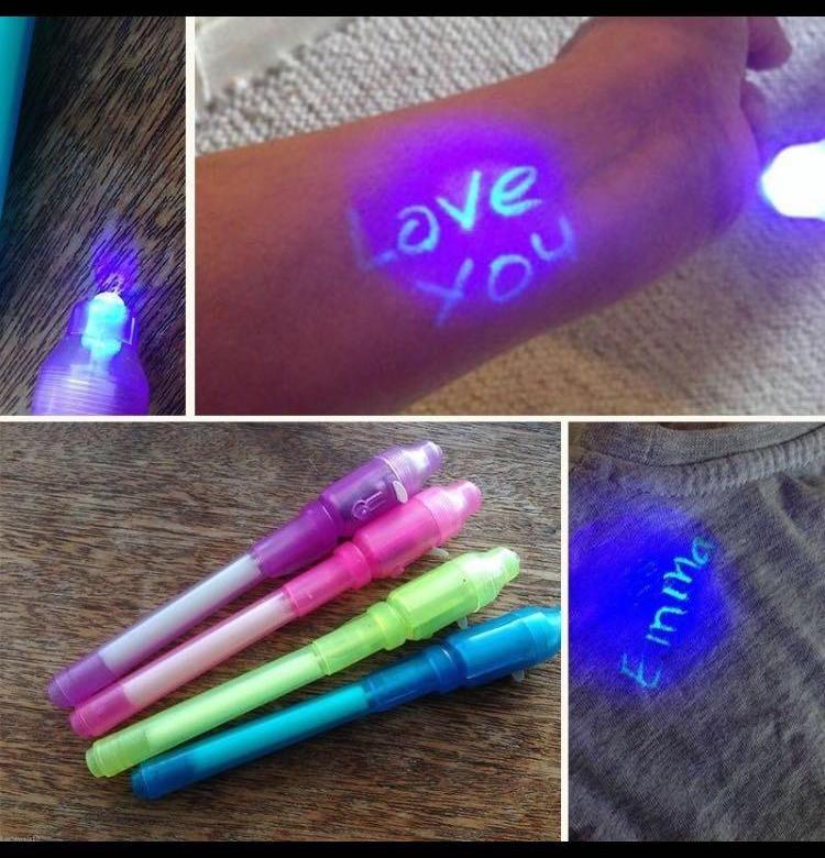 PACK OF 4PC - Artisian-Invisible Ink Pen Creative Magic LED Highlighter Pen 2 In 1 UV Black Light Secret Invisible Writing Pen Uv Torch Illuminate Magic Pen - Mashkoor.pk