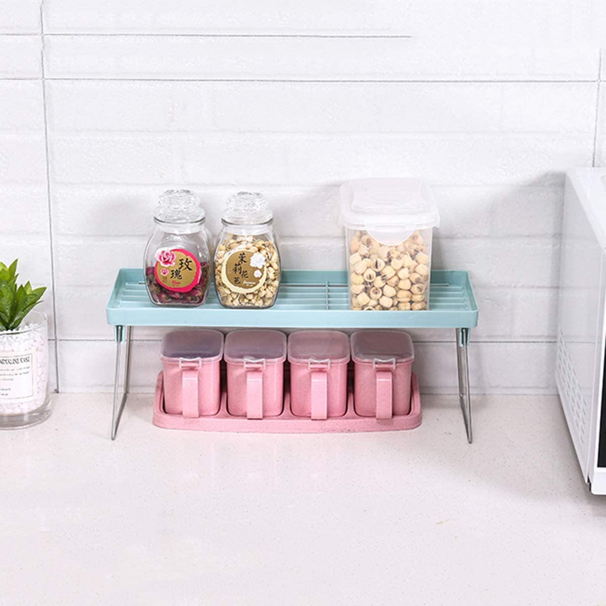 2PC Kitchen Storage Rack Cupboard Spice Organizer Plastic Shelves for Spices Flavoring Jar Bottle Kitchen Organizer Rack Holder - Mashkoor.pk