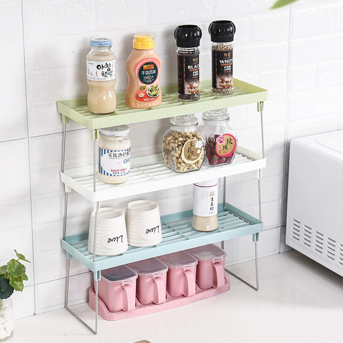 2PC Kitchen Storage Rack Cupboard Spice Organizer Plastic Shelves for Spices Flavoring Jar Bottle Kitchen Organizer Rack Holder - Mashkoor.pk