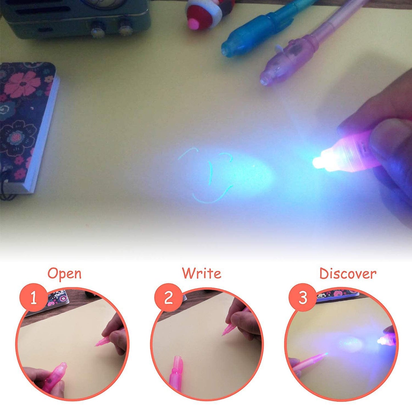 PACK OF 4PC - Artisian-Invisible Ink Pen Creative Magic LED Highlighter Pen 2 In 1 UV Black Light Secret Invisible Writing Pen Uv Torch Illuminate Magic Pen - Mashkoor.pk