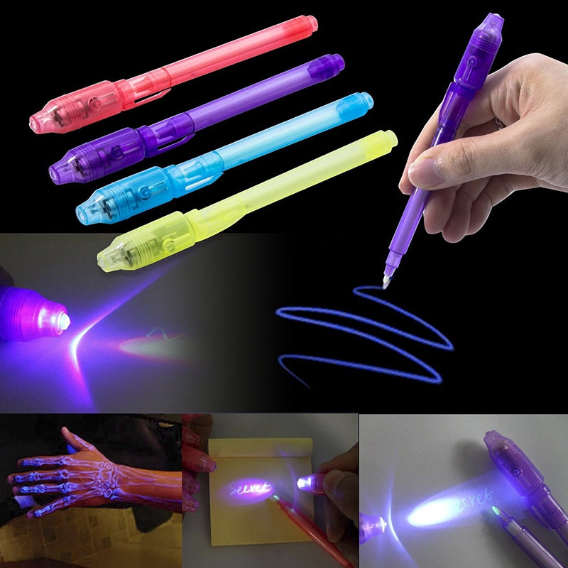 PACK OF 4PC - Artisian-Invisible Ink Pen Creative Magic LED Highlighter Pen 2 In 1 UV Black Light Secret Invisible Writing Pen Uv Torch Illuminate Magic Pen - Mashkoor.pk