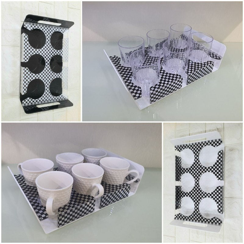 6 Rectangle Slot Tray, Cup Display for Kitchenware, Glass Holder, Black / White - Mashkoor.pk