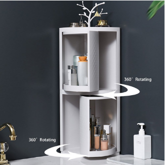 Revolving Triangle Shape Corner Cabinet Storage Rack Bathroom Corner/Makeup Storage - White (29.5x23x61cm) - Mashkoor.pk