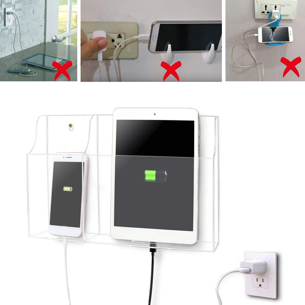 2 Section Wall Mount Acrylic Phone Holder, Tablet Stand Remote Control Holder Hands for Charging, Large Media Organizer Caddy Box for Desk and Nightstand - Mashkoor.pk