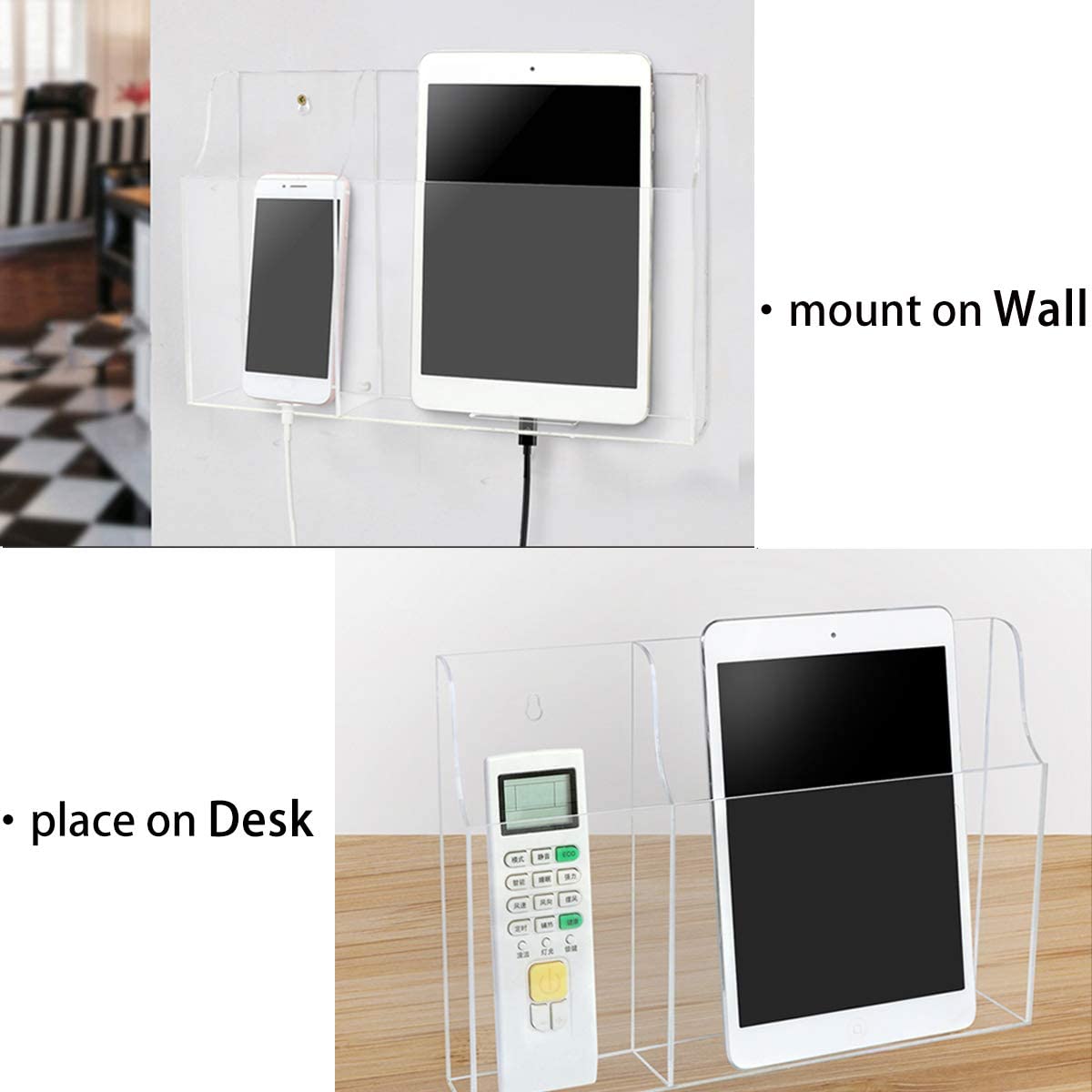 2 Section Wall Mount Acrylic Phone Holder, Tablet Stand Remote Control Holder Hands for Charging, Large Media Organizer Caddy Box for Desk and Nightstand - Mashkoor.pk